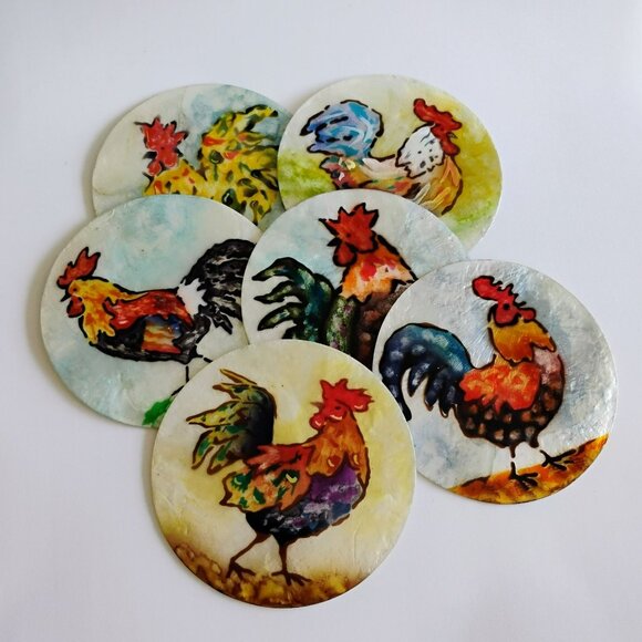 Set Of 6 Hand-Painted Capiz Shell Rooster Coasters - Picture 1 of 2